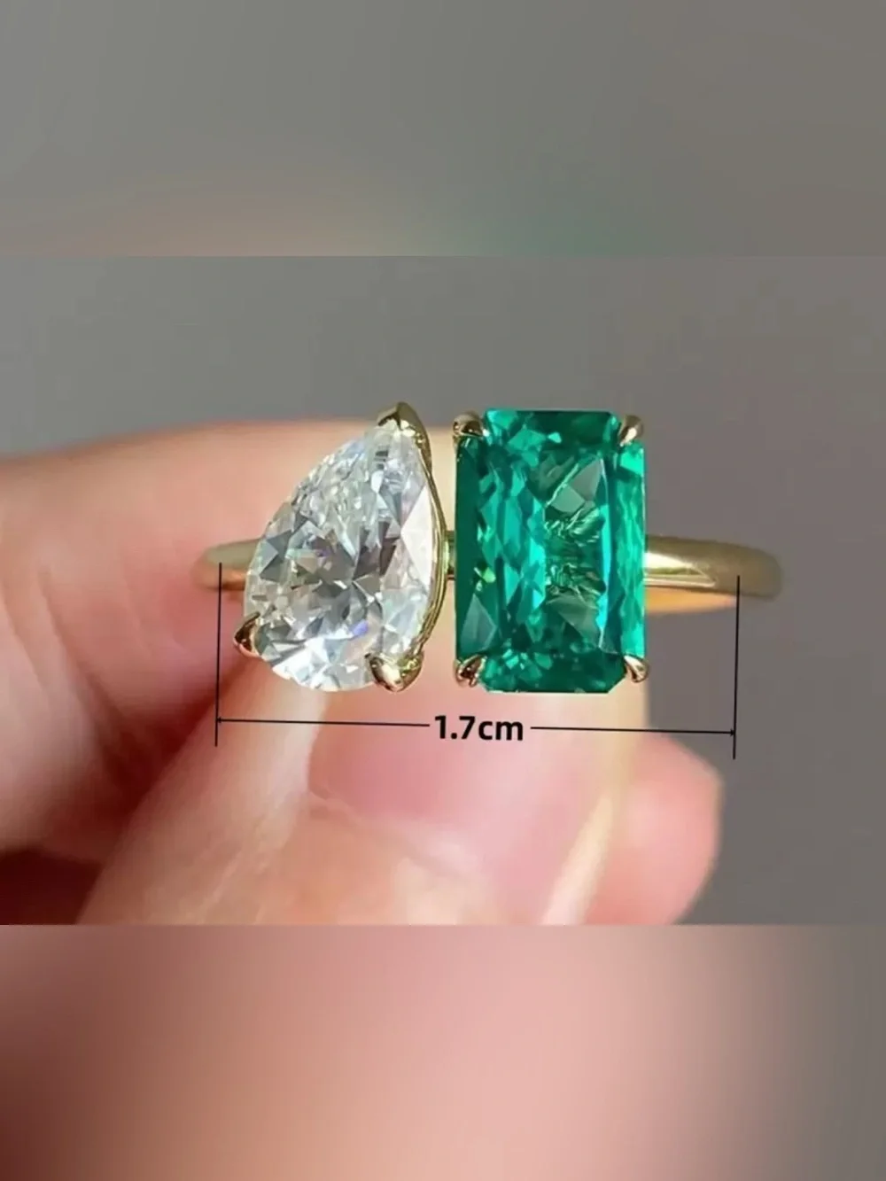 NEW-7 Gold Ring with Emerald Green Cushion and White Teardrop Stones